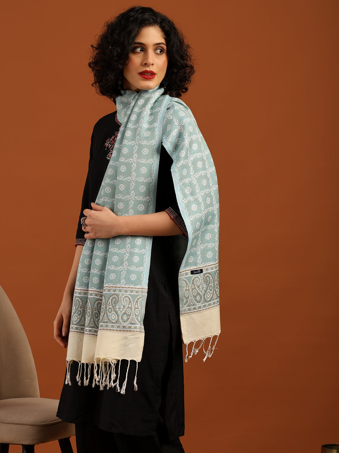 Reversible, Floral Design Blended Wool Stole for Women – Blue