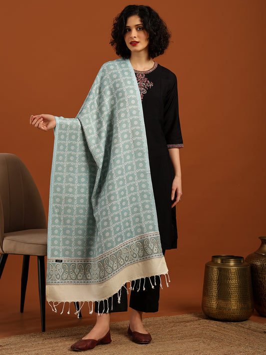 Reversible, Floral Design Blended Wool Stole for Women – Blue