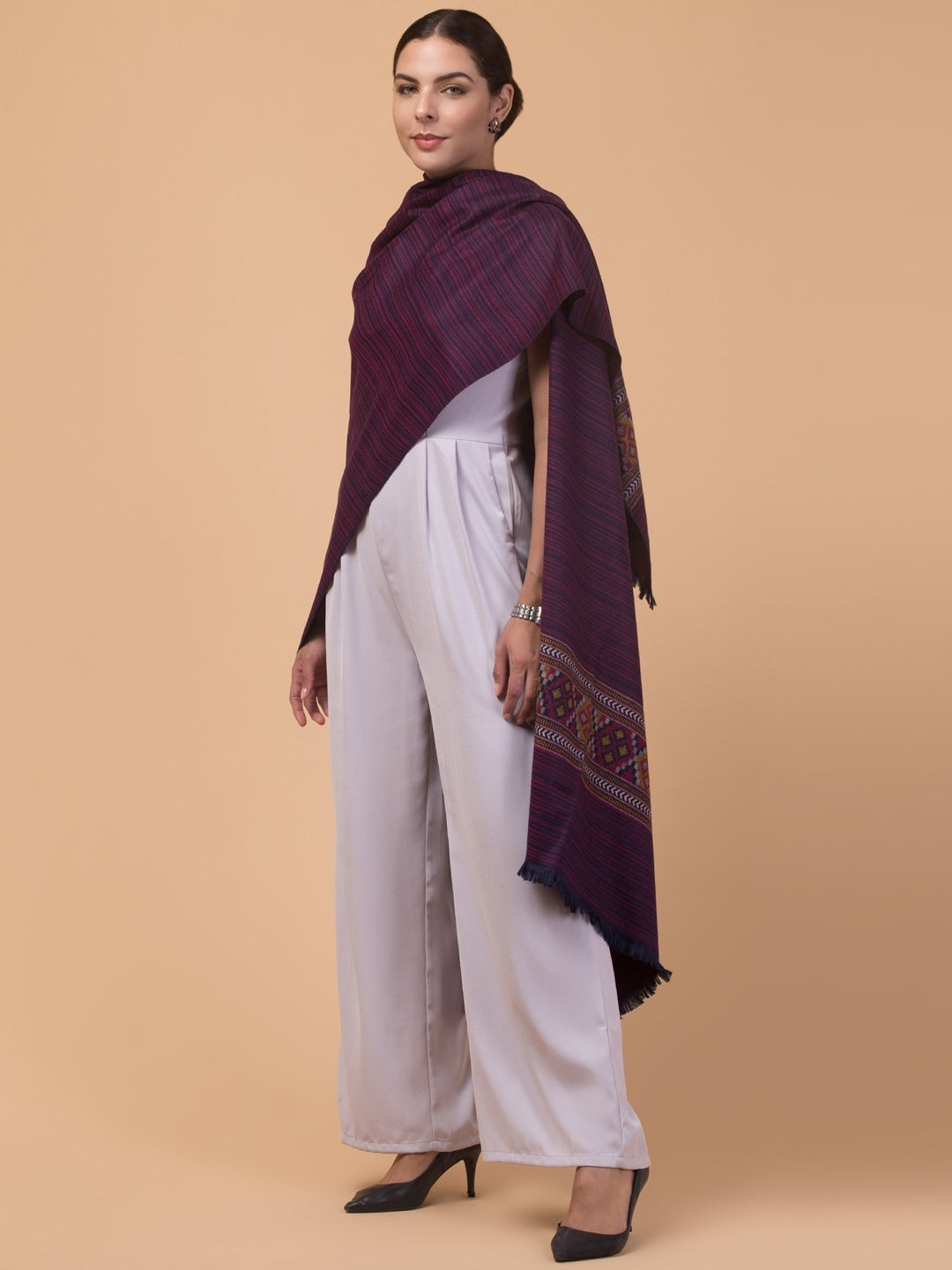 Ethnic Kullu Shawl for Women, Traditional Himachali Design with Tribal Motifs - Purple