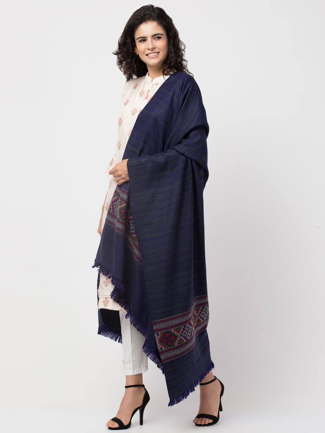 Ethnic Kullu Shawl for Women – Traditional Himachali Tribal Design | Navy Blue