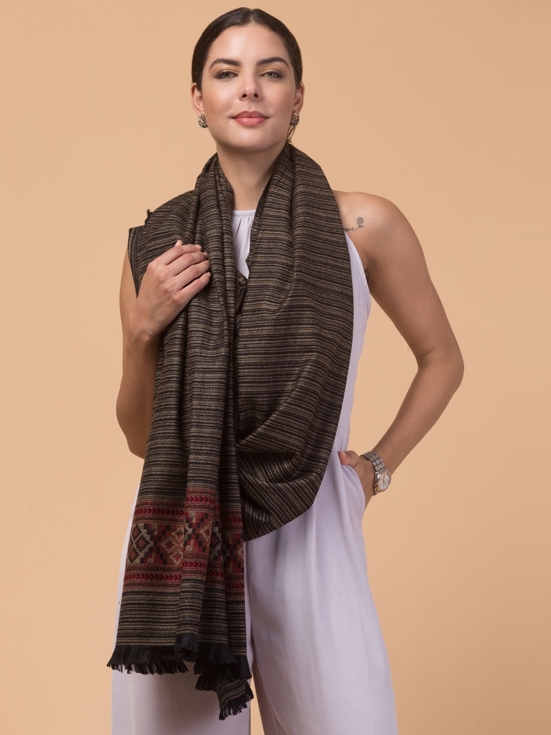 Ethnic Kullu Shawl for Women – Traditional Himachali Tribal Design | Black