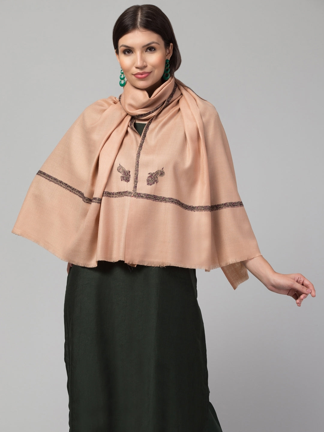 Fine Wool Plain Traditional Kingri Stole with Hand Embroidery Border | Beige