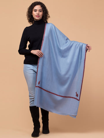 Fine Wool Plain Traditional Kingri Stole with Hand Embroidery Border | Light Blue