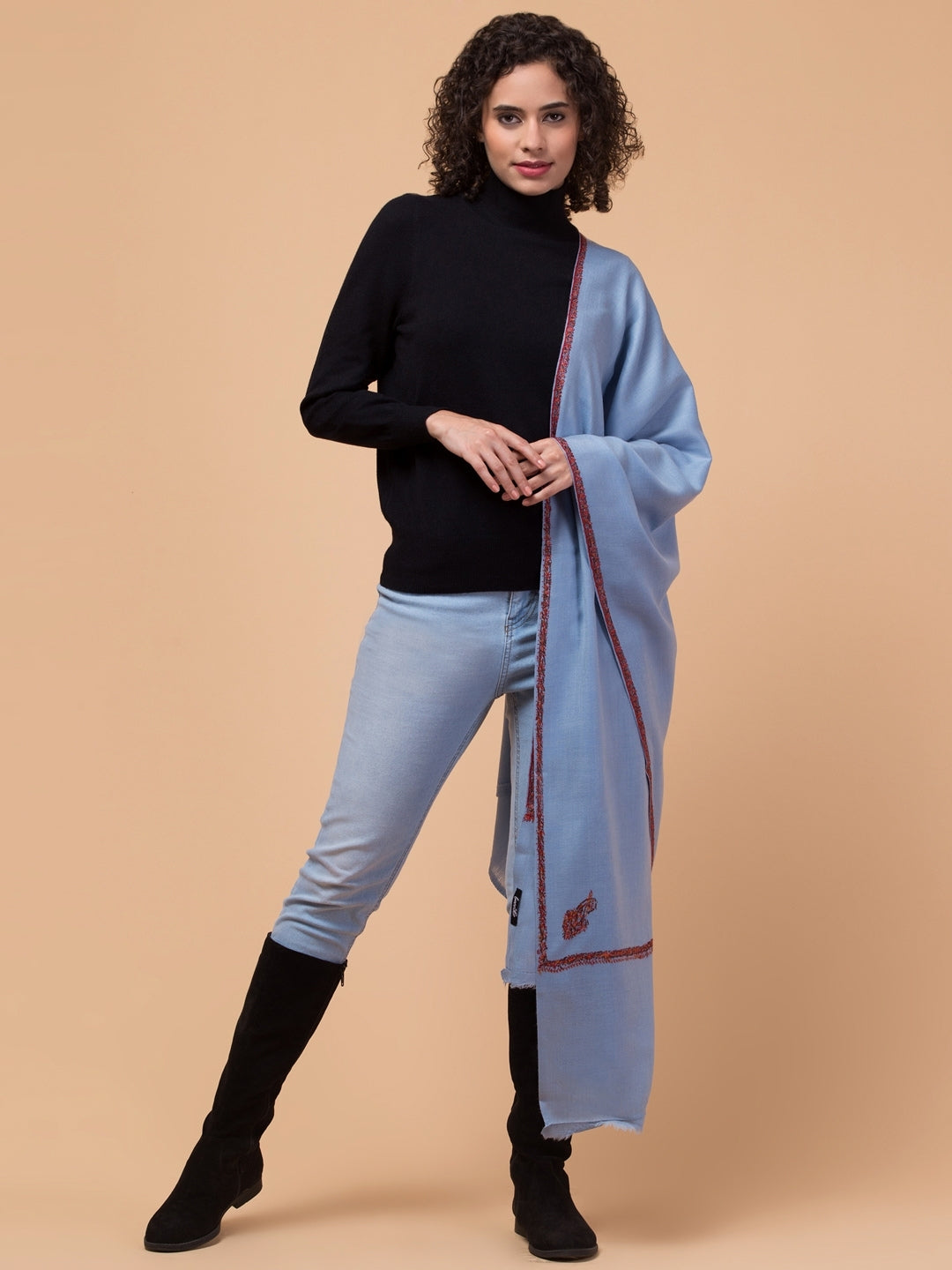 Fine Wool Plain Traditional Kingri Stole with Hand Embroidery Border | Light Blue
