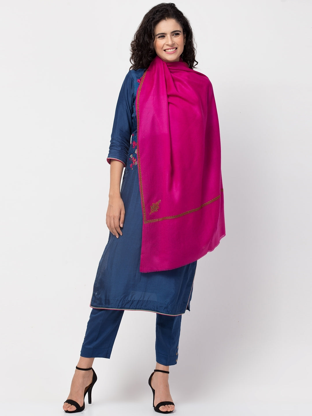 Fine Wool Plain Traditional Kingri Stole with Hand Embroidery Border | Rose