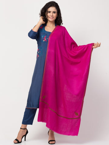 Fine Wool Plain Traditional Kingri Stole with Hand Embroidery Border | Rose