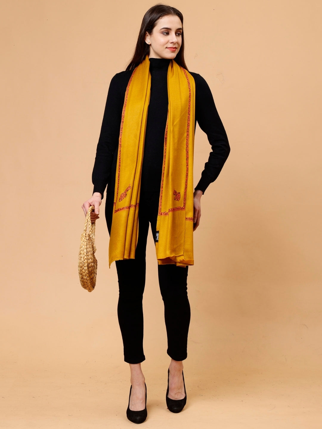 Fine Wool Plain Traditional Kingri Stole with Hand Embroidery Border | Mustard