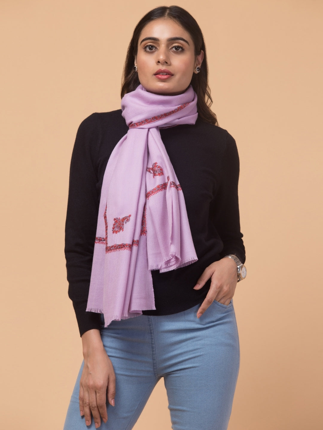Fine Wool Plain Traditional Kingri Stole with Hand Embroidery Border | Purple