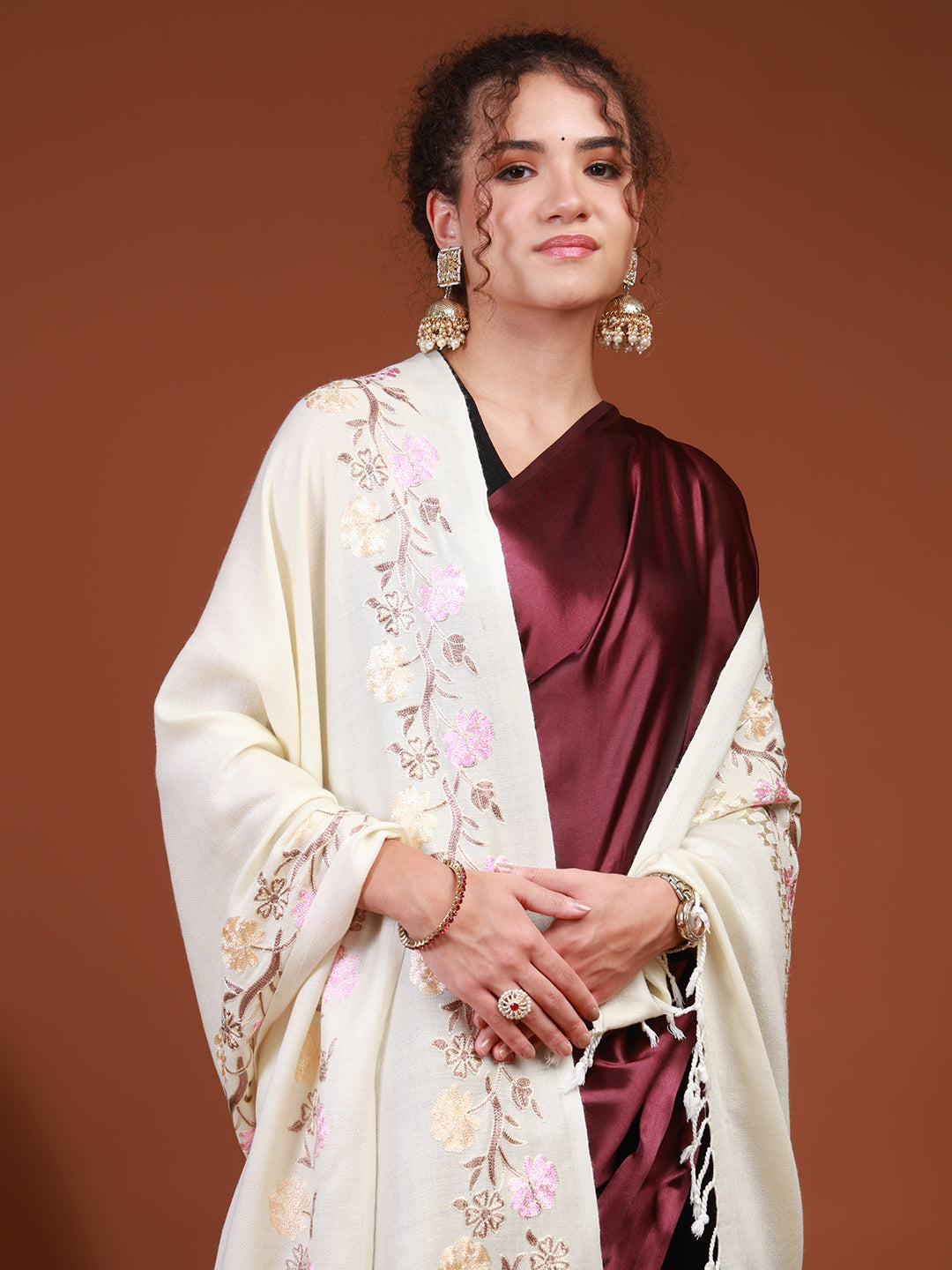 Tweedle Women’s Kashmiri Aari Embroidery Stole, Off-White Size - 28 x 80 inches