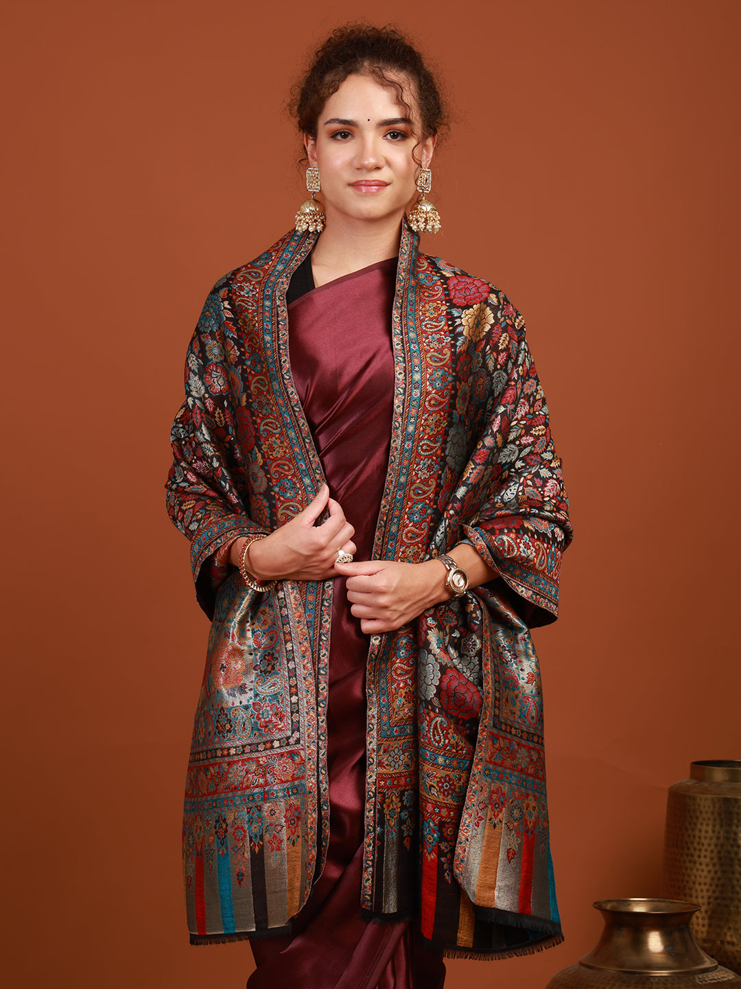 tweedle Rangika Silk Modal Stole for Women, Reversible Zari Kani Weave, Black