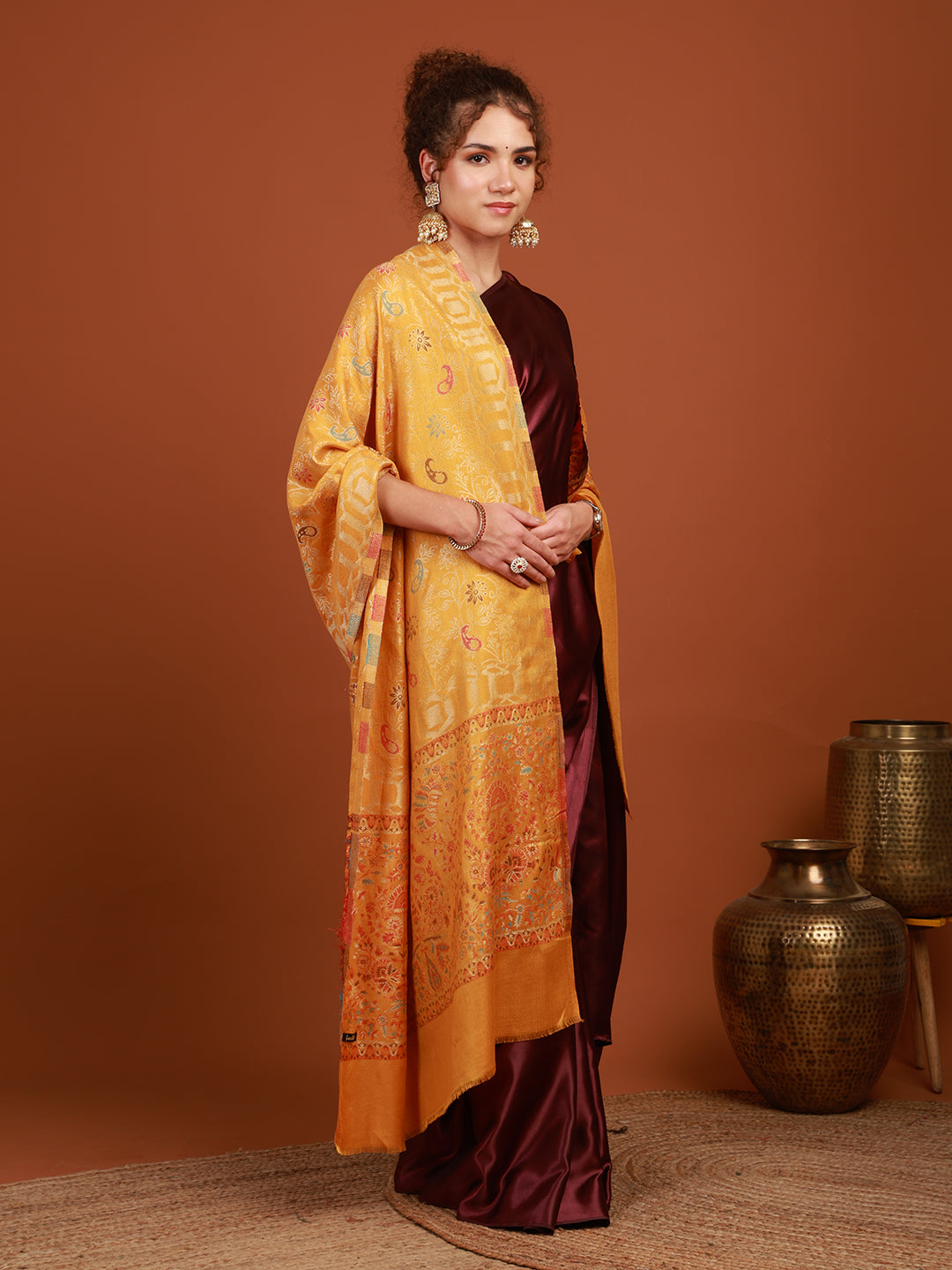 tweedle Gulzaar Silk Modal Stole for Women, Kashmiri Kani Scarf, Mustard