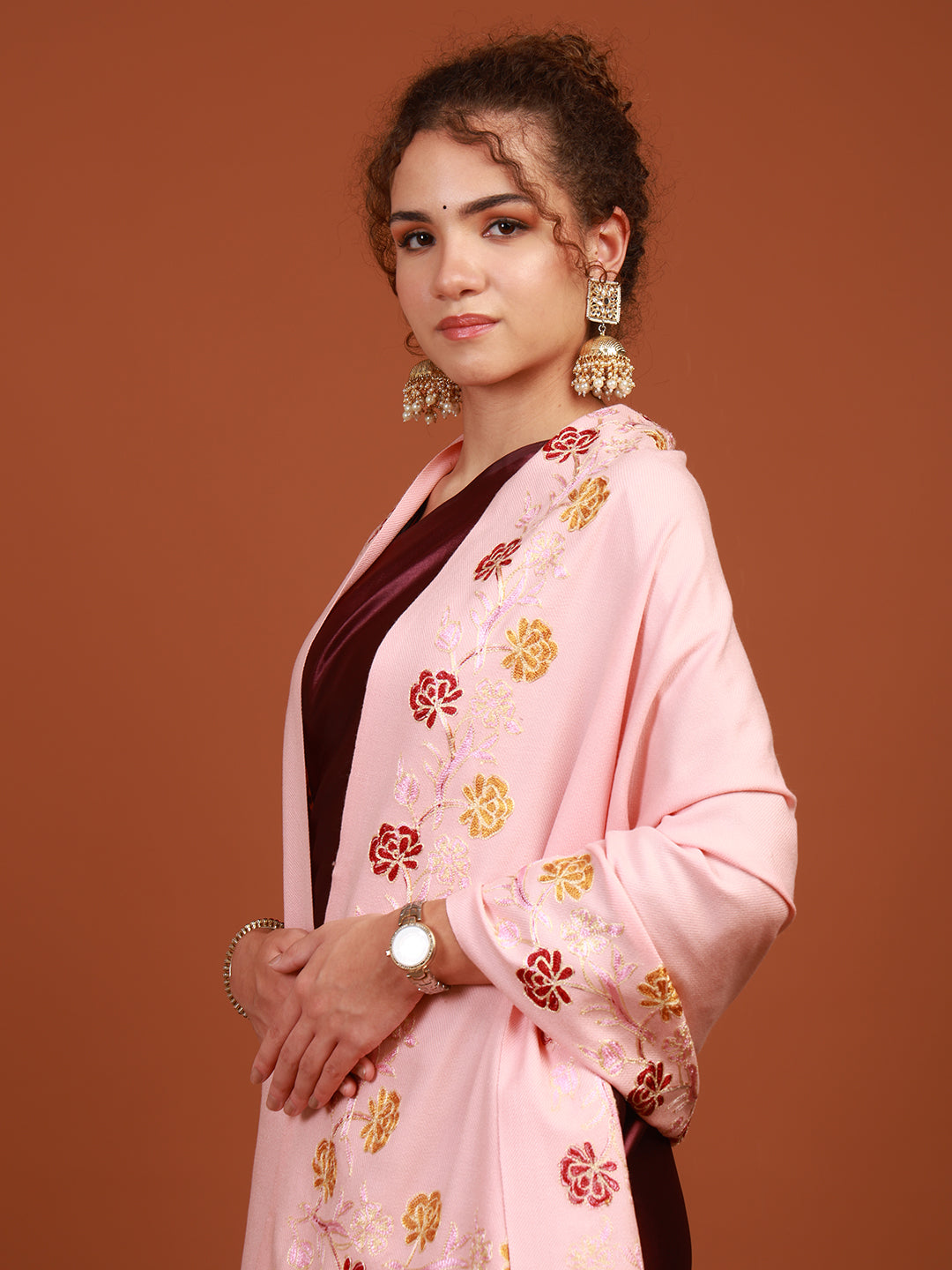 Tweedle Women’s Kashmiri Aari Embroidery Stole, Pink Size - 28 x 80 inches