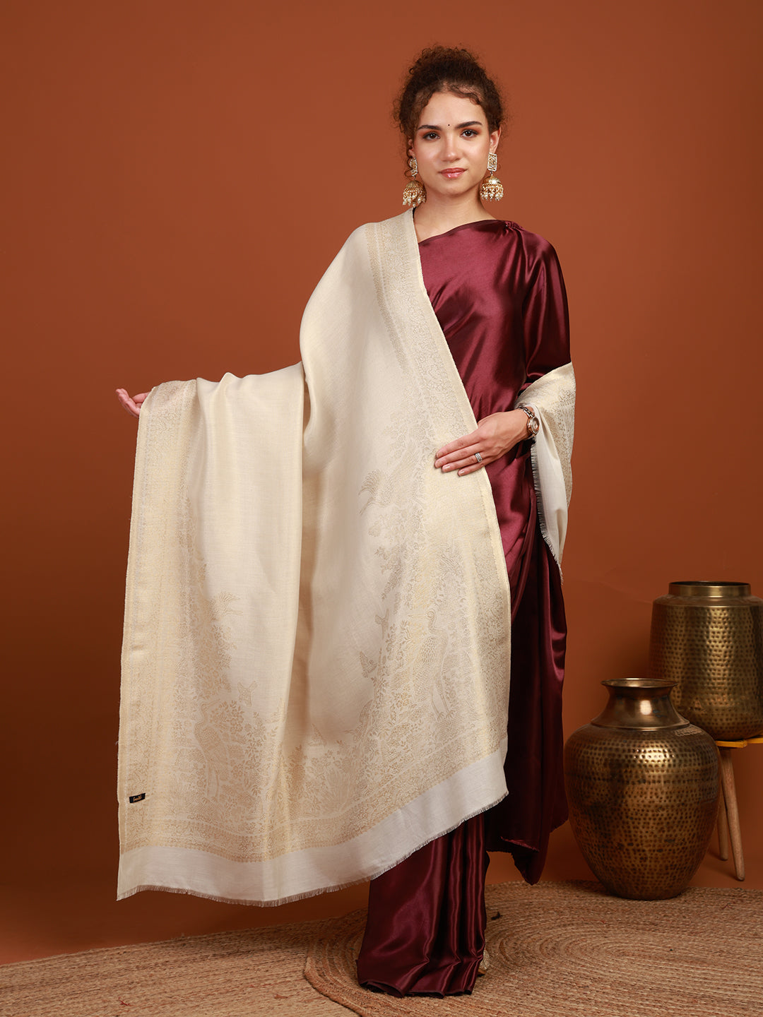 Tweedle Saanjh Double Sided Silk Modal Zari Shawl for Women – Off-White(40x80)