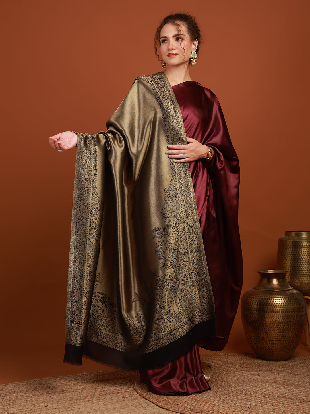 Tweedle Saanjh Double Sided Silk Modal Zari Shawl for Women – Black (40x80)