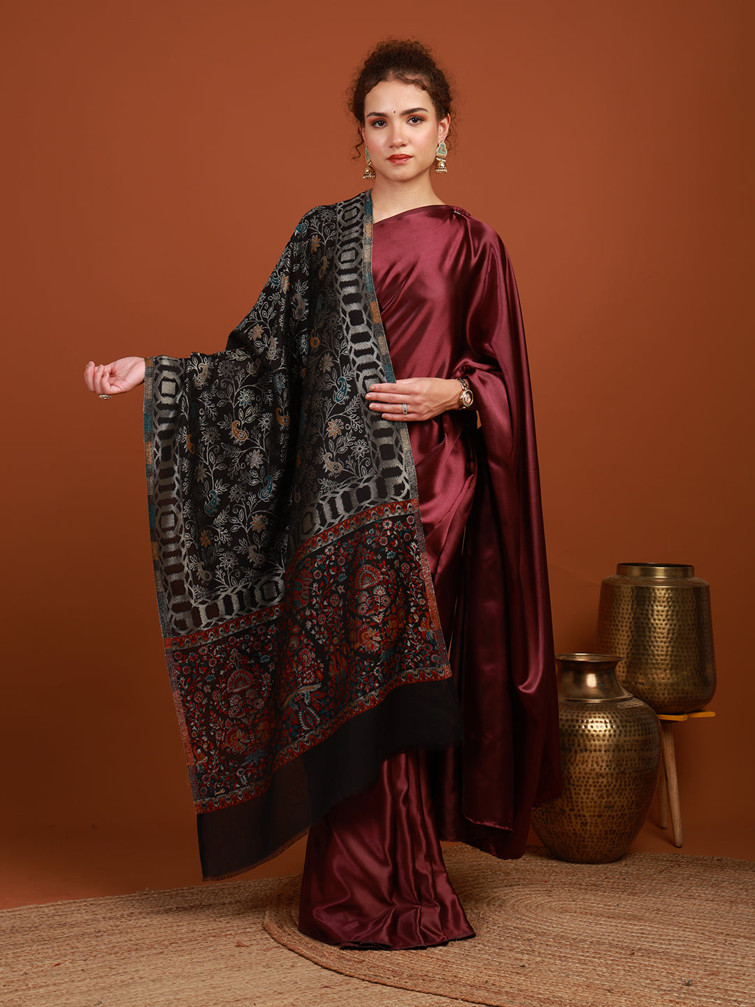 tweedle Gulzaar Silk Modal Stole for Women, Kashmiri Kani Scarf, Black
