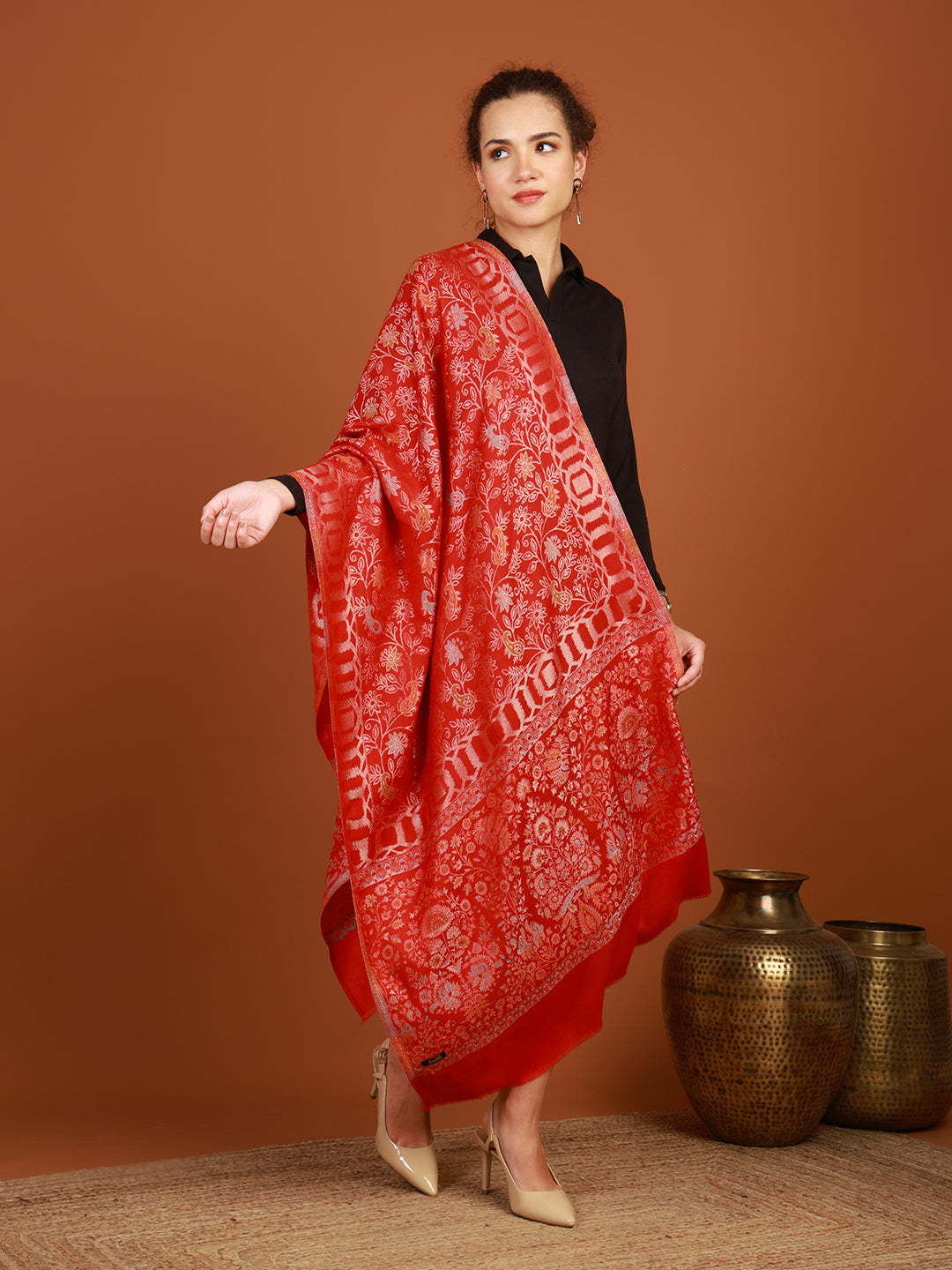 tweedle Gulzaar Silk Modal Stole for Women, Kashmiri Kani Scarf, Red