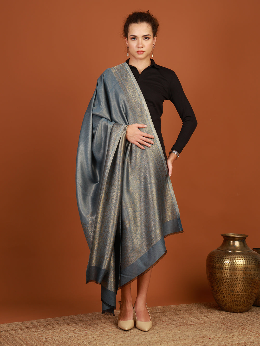 Tweedle Saanjh Double Sided Silk Modal Zari Shawl for Women – Grey (40x80)