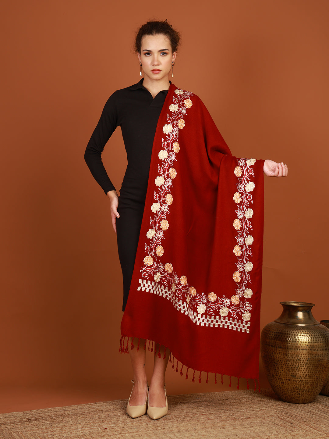 Tweedle Women’s Kashmiri Aari Embroidery Stole, Maroon Size - 28 x 80 inches