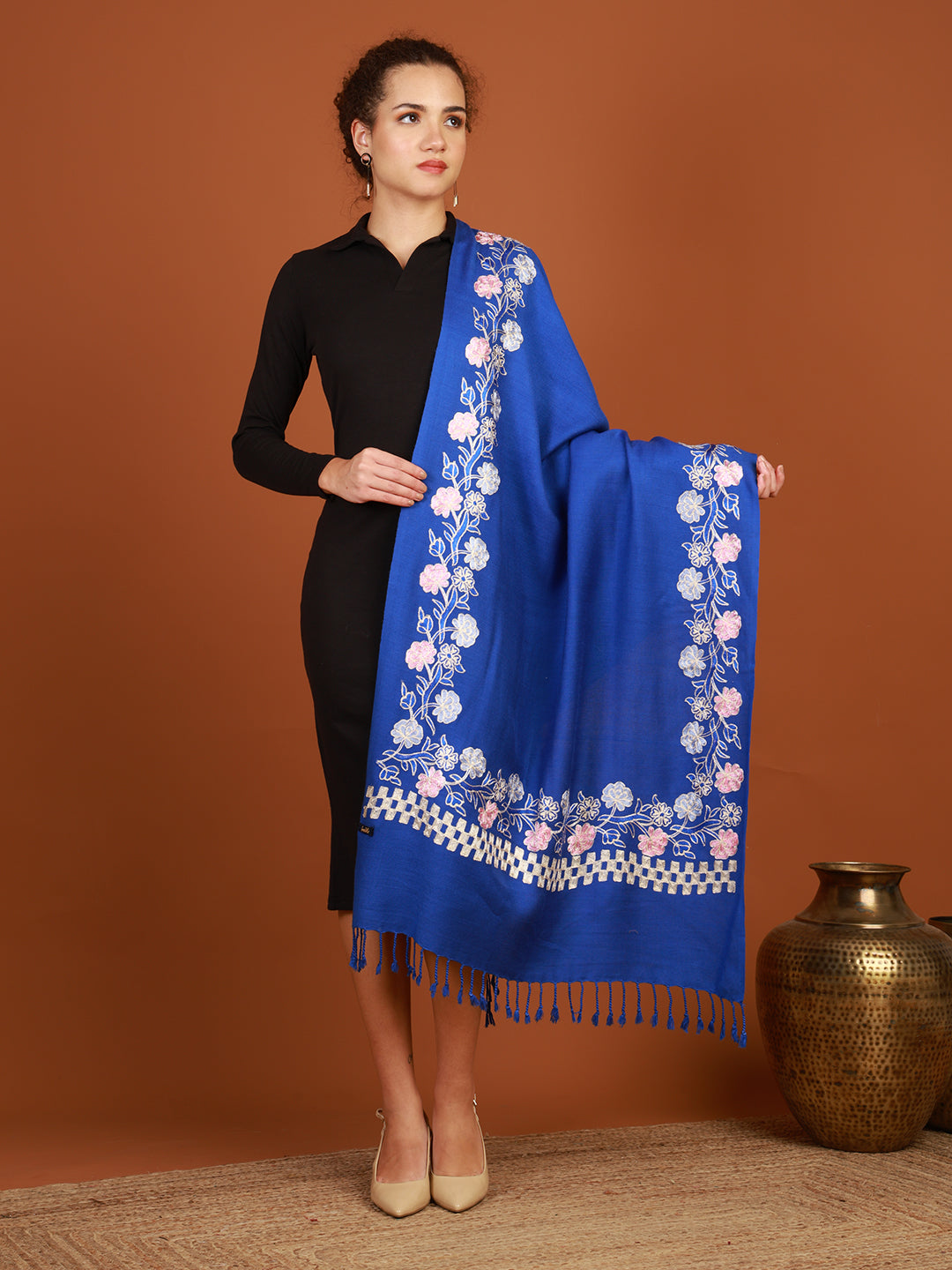 Tweedle Women’s Kashmiri Aari Embroidery Stole, Royal Blue Size - 28 x 80 inches