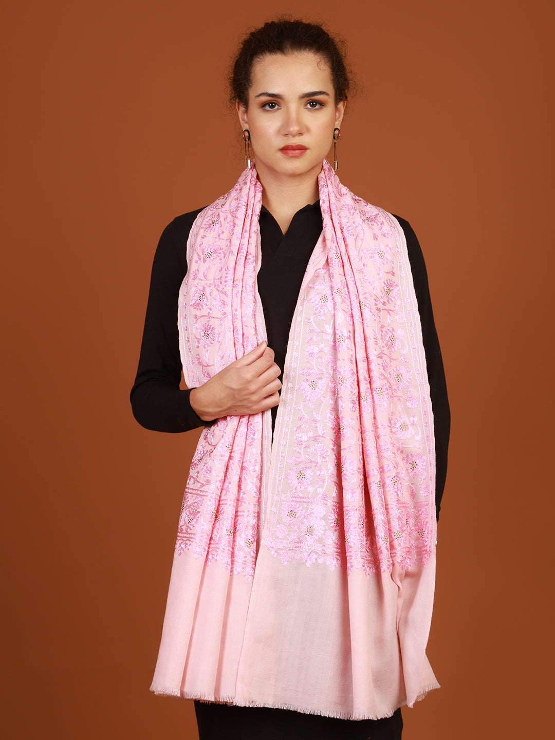Tweedle Women's Aari Embroidery Stole / Scarf for Winters– Pink