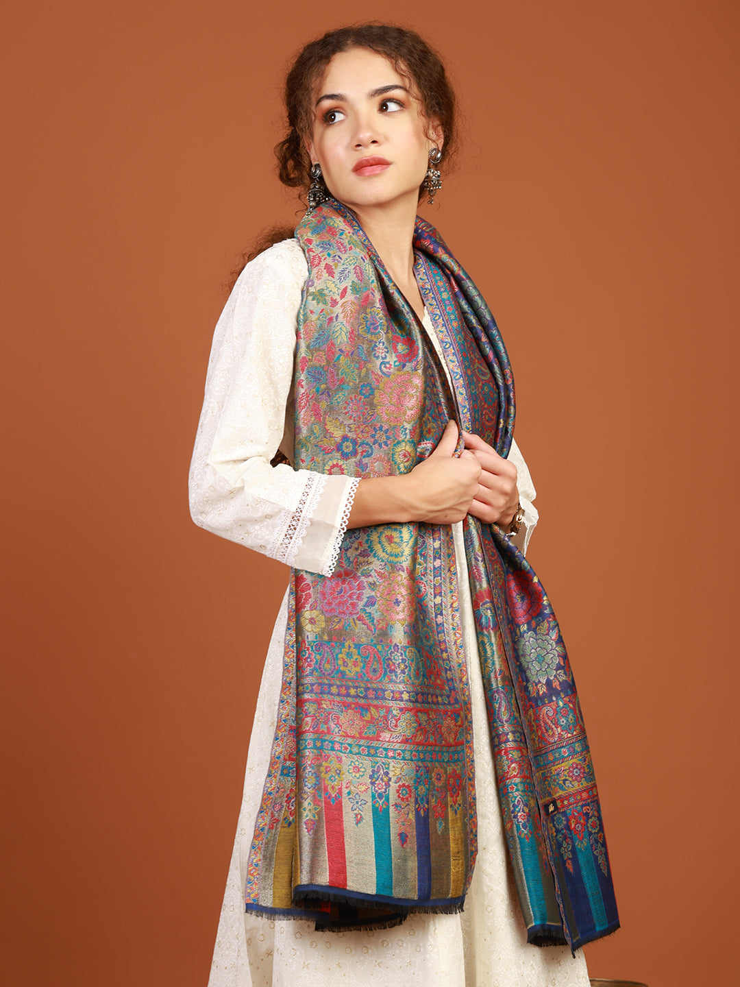 tweedle Rangika Silk Modal Stole for Women, Reversible Zari Kani Weave, Blue