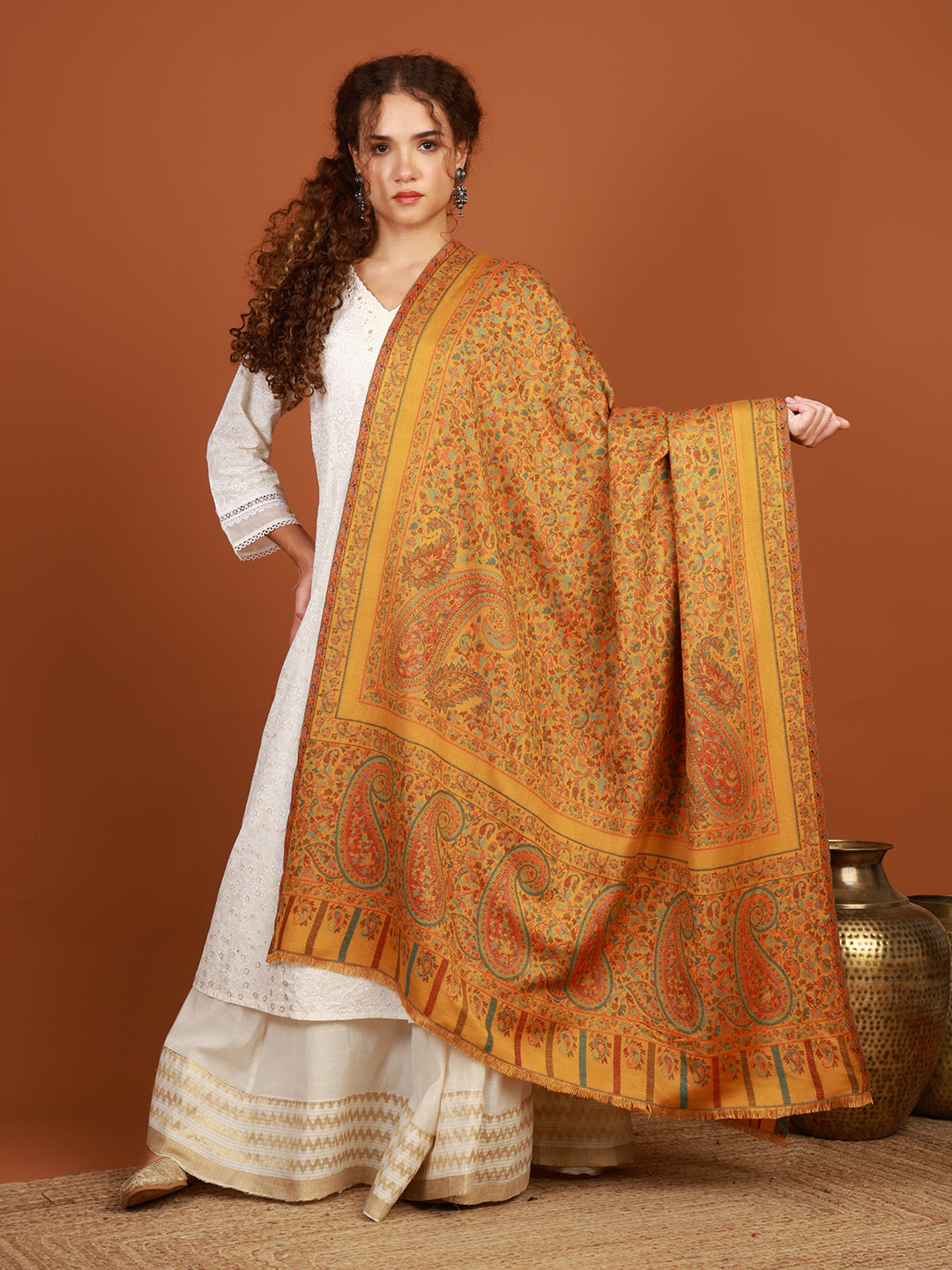 Tweedle Rangrasa Kani Design Shawl for Women, Mustard – 40x80