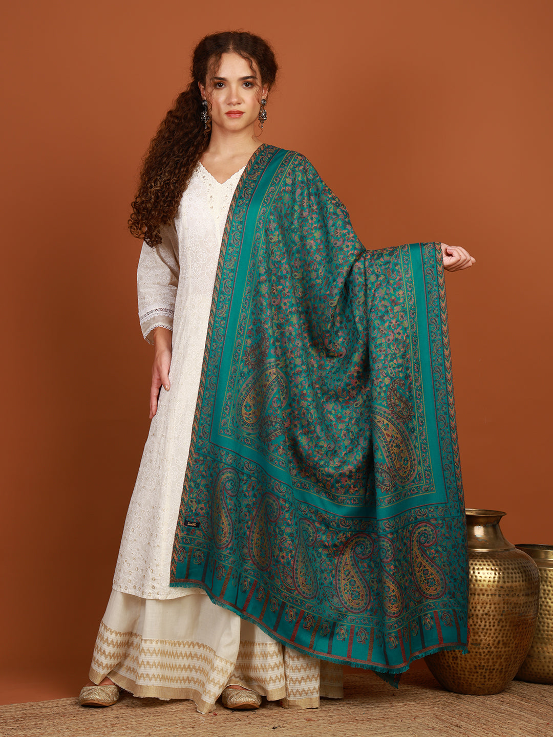 Tweedle Rangrasa Kani Design Shawl for Women, Sea Green – 40x80