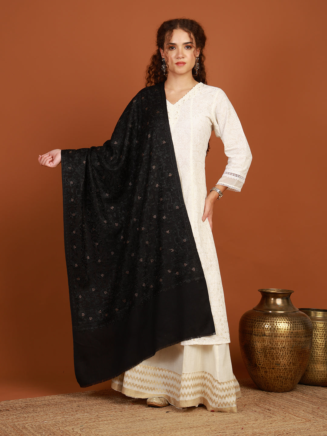 Tweedle Women's Aari Embroidery Stole / Scarf for Winters– Black