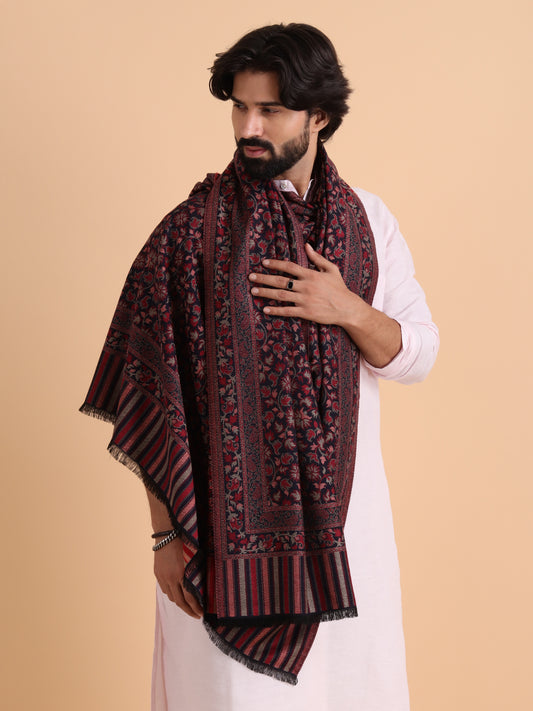 Ethnic Kashmiri Kani Design, Faux Pashmina Shawl - Navy Blue