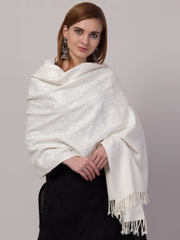 Blended Wool White on White Matka Aari Embroidery Stole