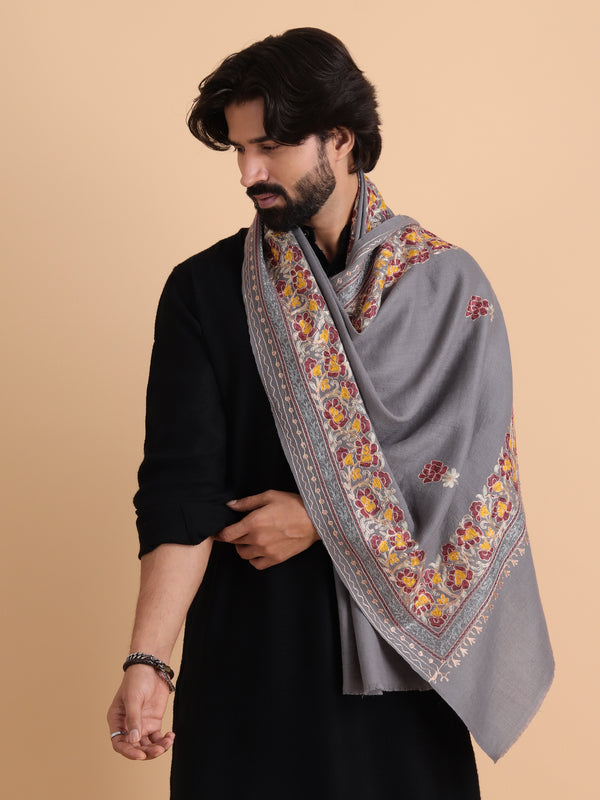 Kashmiri Aari Embroidery Stole, Solid Color with Multicolor Floral Design - Grey