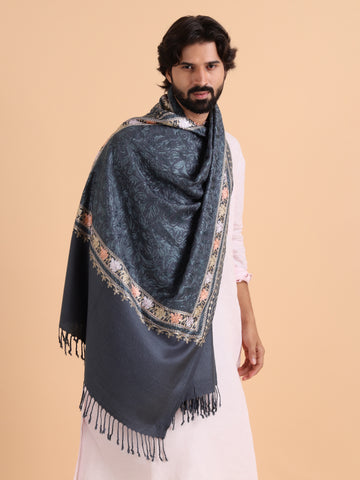 Acro Wool, Soft Feel Kashmiri Embroidery Stole for Winters - Grey