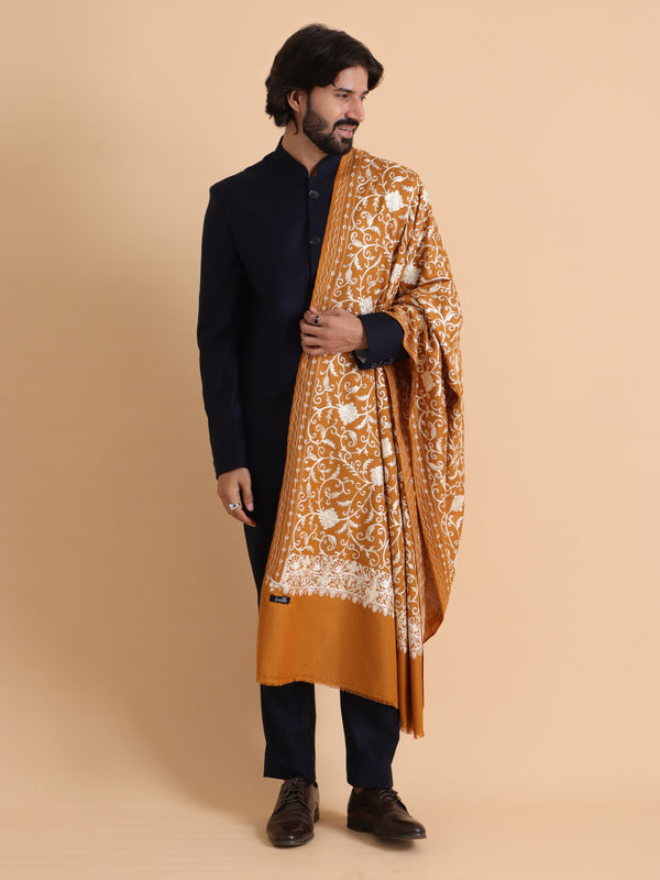 tweedle Kashmiri Aari Embroidery Shawl for Men - Mustard (40 x 80 inches)