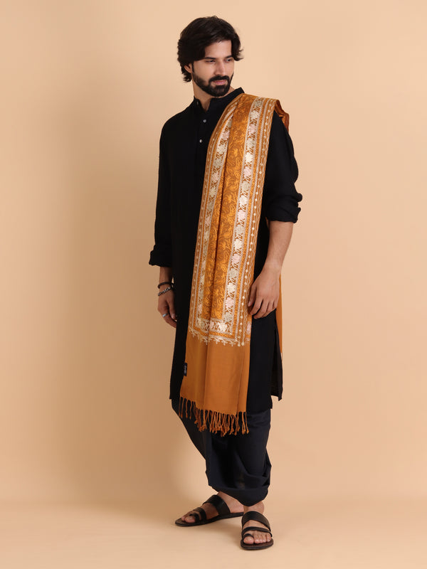 Acro Wool, Soft Feel Kashmiri Embroidery Stole for Winters - Mustard