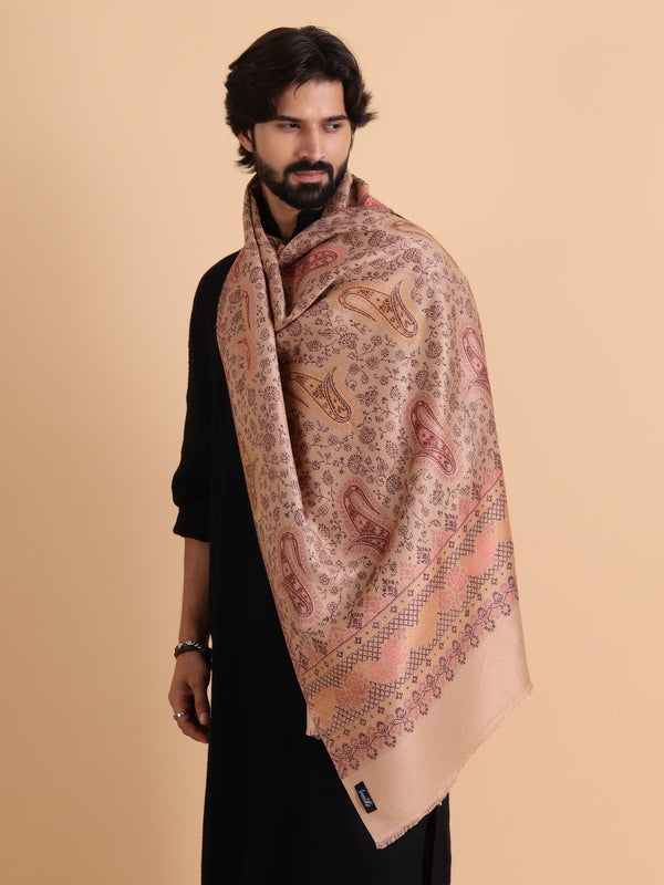 Ethnic Paisley Design Stole with Fringed Edges  - Beige