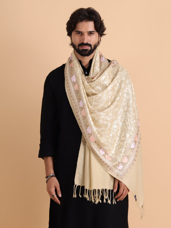 Acro Wool, Soft Feel Kashmiri Embroidery Stole for Winters - Beige