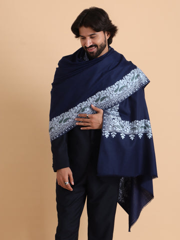 tweedle Kashmiri Aari Embroidery Shawl for Men - Navy Blue (40 x 80 inches)