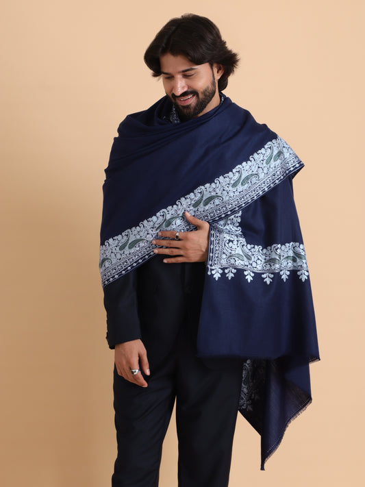 tweedle Kashmiri Aari Embroidery Shawl for Men - Navy Blue (40 x 80 inches)