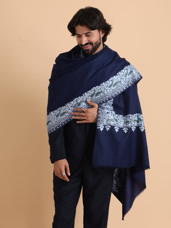 tweedle Kashmiri Aari Embroidery Shawl for Men - Navy Blue (40 x 80 inches)