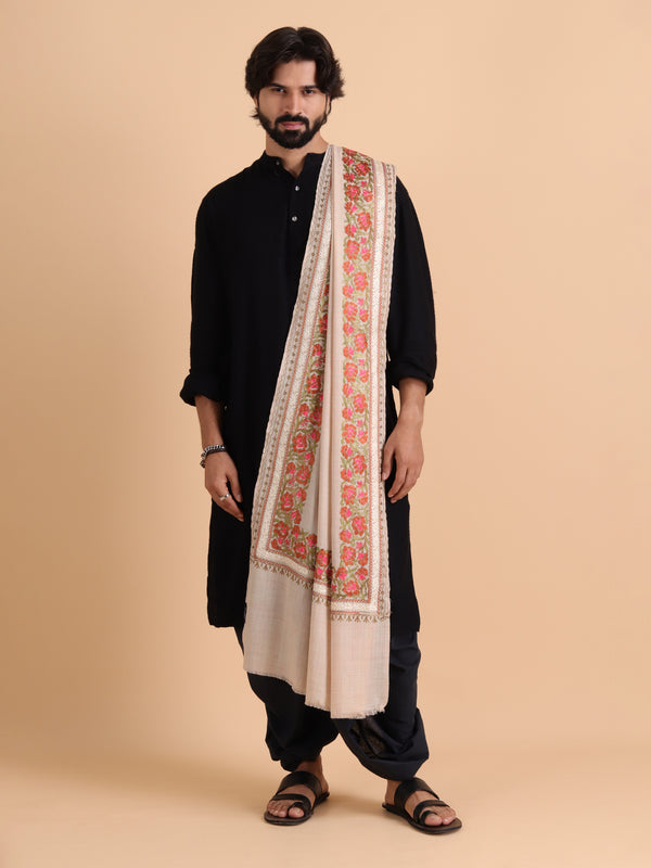 Kashmiri Aari Embroidery Stole, Solid Color with Multicolor Floral Design - Off White