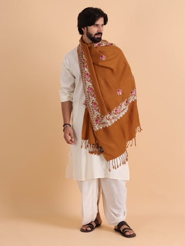 Acro Wool Stole / Wrap with Aari Embroidery Border - Mustard