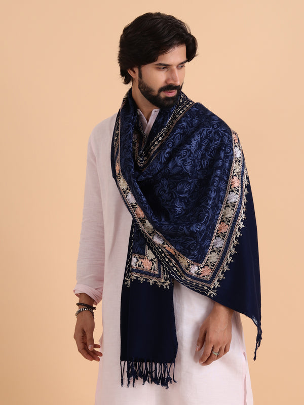 Acro Wool, Soft Feel Kashmiri Embroidery Stole for Winters - Navy Blue