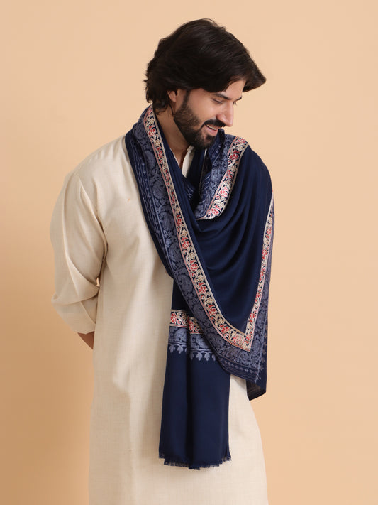 Tweedle Fine Wool Embroidered Stole/Scarf for Men -Navy Blue, Medium Size -28x80