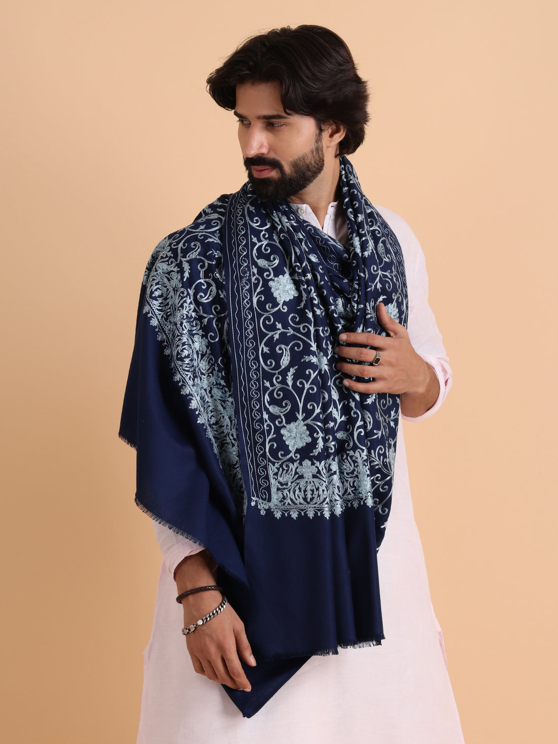 tweedle Kashmiri Aari Embroidery Shawl for Men - Navy Blue (40 x 80 inches)