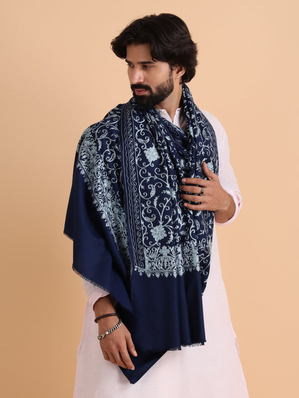 tweedle Kashmiri Aari Embroidery Shawl for Men - Navy Blue (40 x 80 inches)