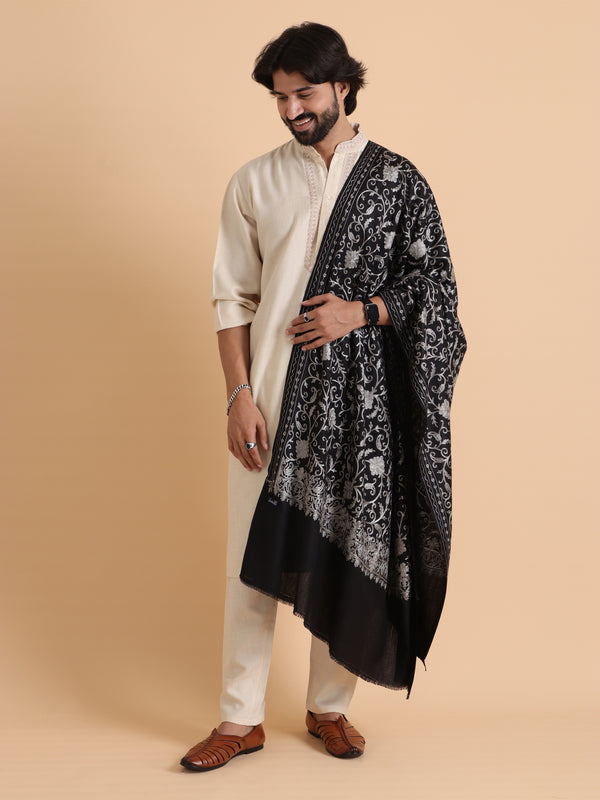 tweedle Kashmiri Aari Embroidery Shawl for Men - Black (40 x 80 inches)