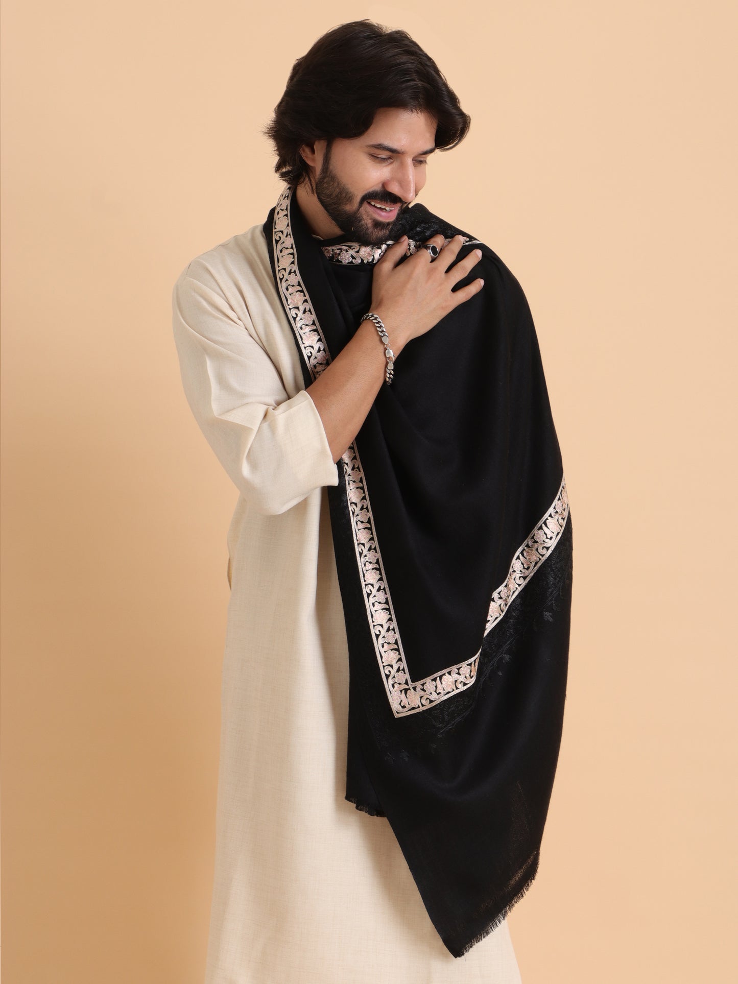 Tweedle Fine Wool Embroidered Stole/Scarf for Men -Black, Medium Size -28x80