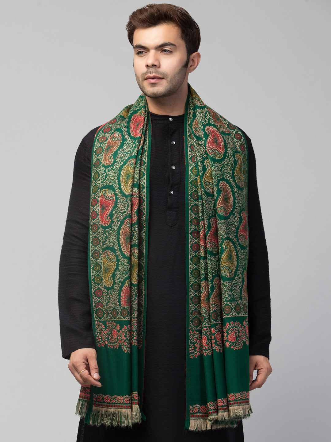 Tweedle Men’s Jamawar Paisley Design Woolen Shawl / Stole for Winters - Green(40 x 80 inches)