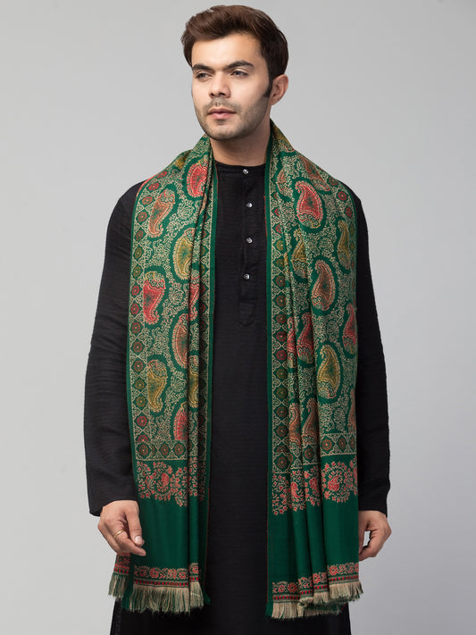 Tweedle Men’s Jamawar Paisley Design Woolen Shawl / Stole for Winters - Green(40 x 80 inches)