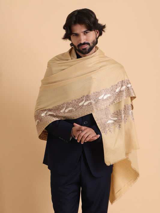 tweedle Kashmiri Aari Embroidery Shawl  for Men - Beige (40 x 80 inches)